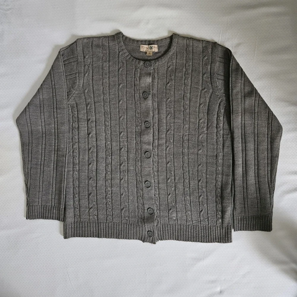 Womens Grey Cable Knit Button Front Cardigan Sweater Large Layering Minimalist